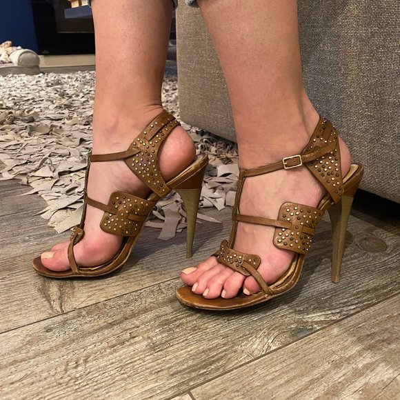 L.A.M.B. Caged + Studded Sandal Heel in Brown - Picture 6 of 6
